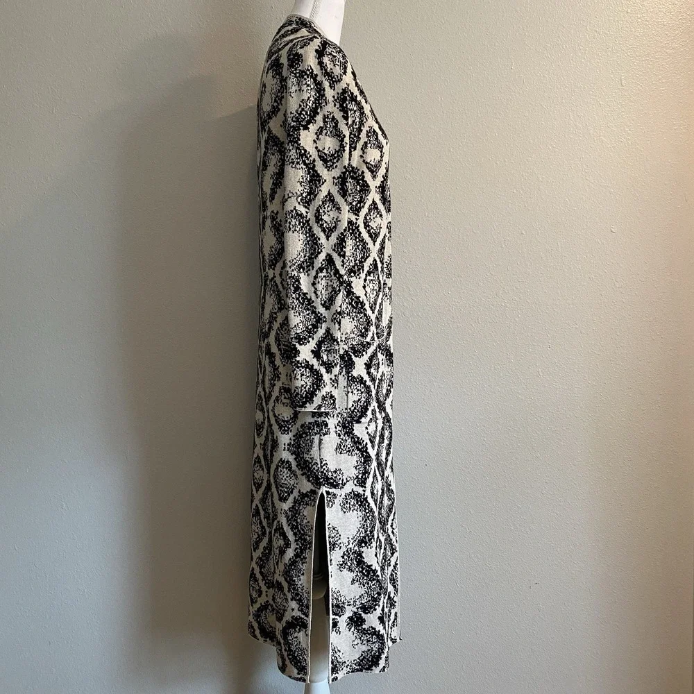 100% Cotton‎ Longline Maxi Duster Cardigan Black Cream Geometric Print S